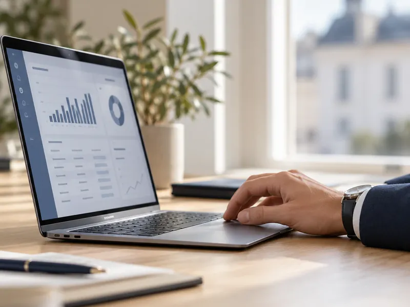 Laptop mit Finanz-Dashboard auf einem Schreibtisch