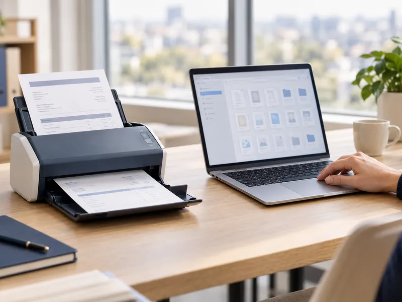 Dokumentenscanner zieht eine Rechnung ein, daneben ein Laptop