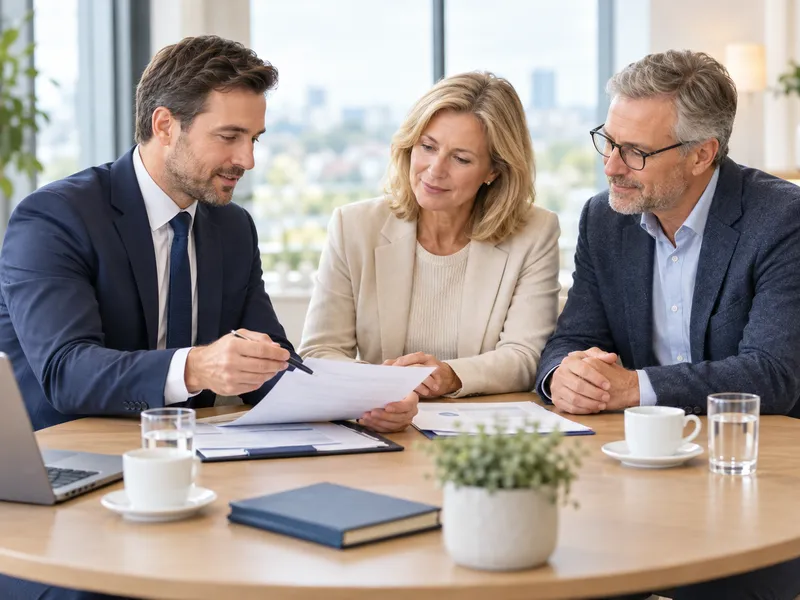 Berater bespricht mit einem Unternehmerpaar Unterlagen am runden Besprechungstisch
