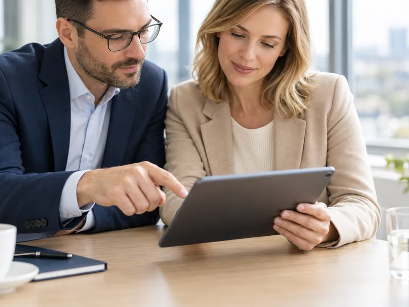 Berater und Unternehmerin gehen ein Angebot auf dem Tablet durch