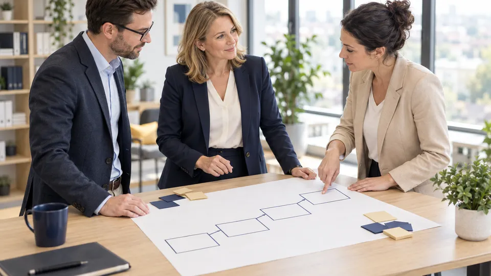 Eine Beraterin und zwei Unternehmer stehen am Tisch über einem Schaubild mit vier ansteigenden Stufen der Unternehmenstransformation