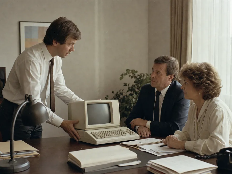 Ein Berater stellt zwei Unternehmern in einem Büro der frühen 1980er-Jahre einen der ersten Personal Computer vor