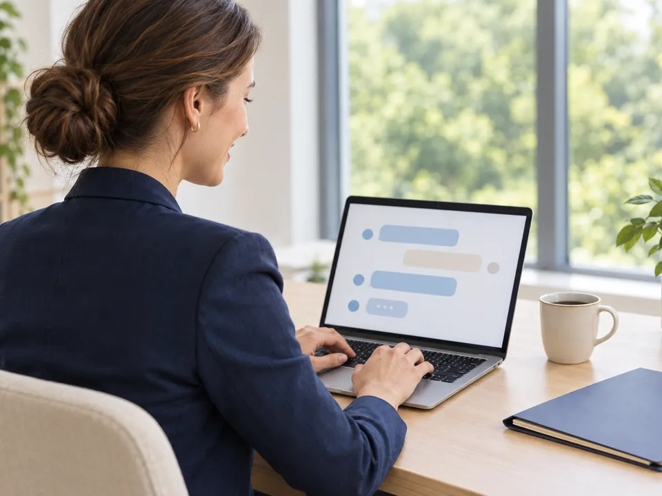 Eine Steuerberaterin schreibt am Laptop eine Nachricht im Chat