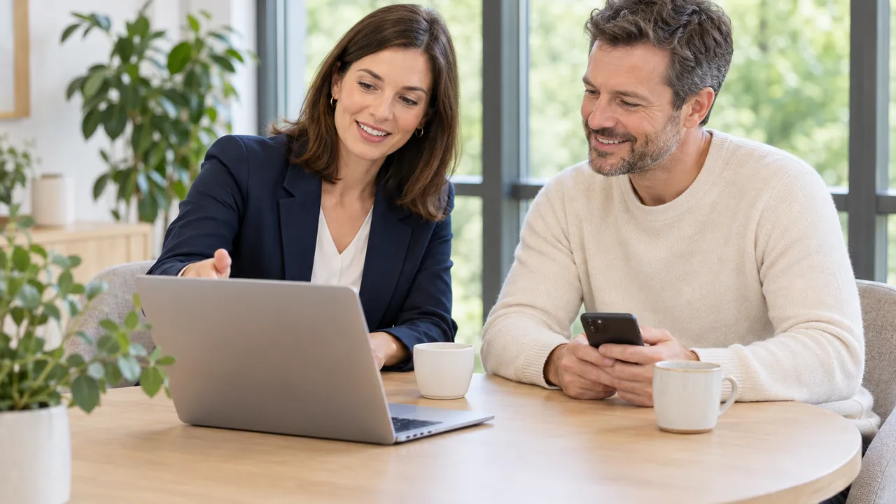 Eine Steuerberaterin richtet mit einem Unternehmer am Tisch seinen Zugang ein, er hält sein Smartphone