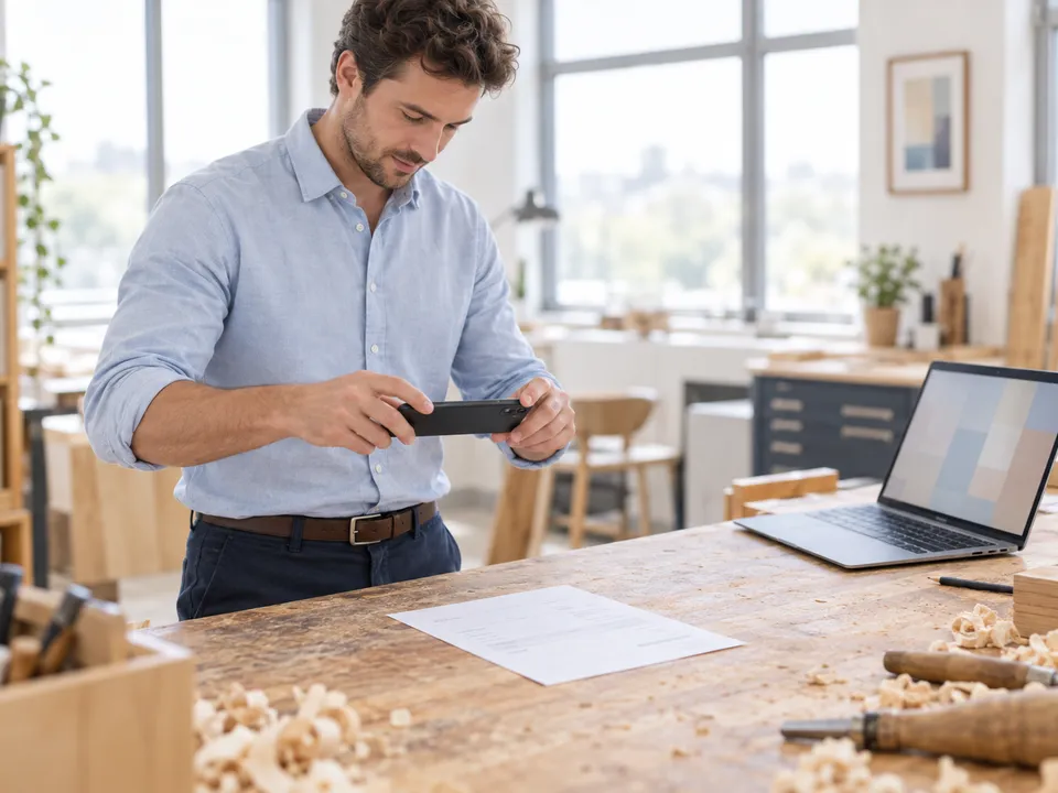 Ein Unternehmer fotografiert in seiner Werkstatt eine Rechnung mit dem Smartphone